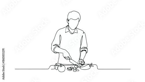 Continuous line drawing of a person preparing a healthy meal by chopping fresh vegetables on a cutting board, embodying the essence of home cooking and culinary enjoyment