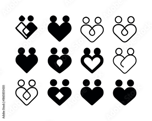 Heart Connection Icons. Forging meaningful connections with others. Icon set. Set Logo of forging meaningful connections with others: heart formed by two