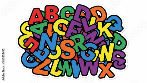 A vibrant, scattered assortment of colorful alphabet letters, jumbled together in a playful, energetic display