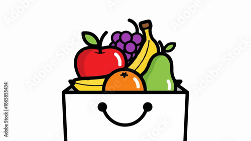 A vibrant assortment of fresh fruits piled high in a cheerful, smiling tote
