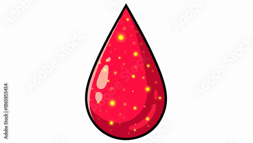 A vibrant red, tear-shaped liquid droplet with glowing yellow specks and highlights