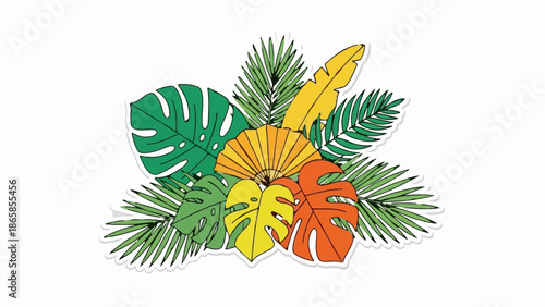 A vibrant arrangement of tropical leaves and a fan, featuring diverse shapes and colors like green, yellow, and orange