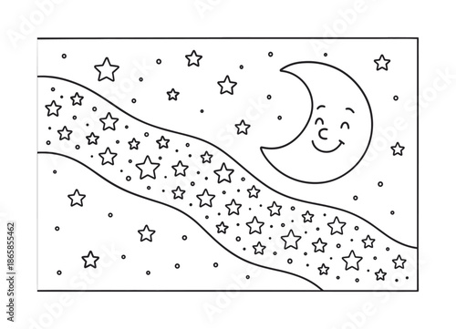 Milky Way Coloring. Milky Way view children?s coloring book illustration, outlined drawing, simple band of stars across the sky with a smiling moon,