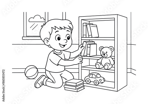 Bookshelf Coloring Fun. Organizing a bookshelf children?s coloring book illustration, outlined drawing, cheerful child putting books and toys on a new shelf
