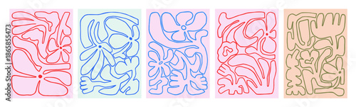 Abstract floral cards, line art poster designs set. Modern hand-drawn flower sketches, nature pattern in doodle whimsical style. Contoured outline scribbles, naive shapes. Flat vector illustrations