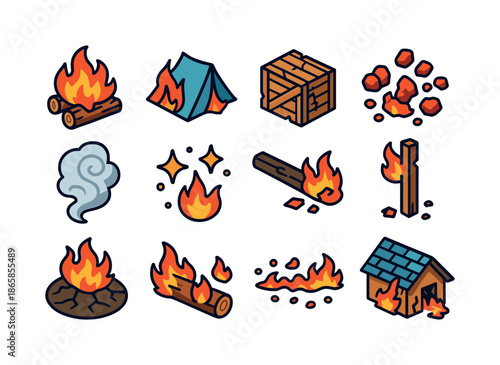 Fire Destruction Icons. Fire and destruction. Colorful isometric vector icons set of fire and destruction: burning wood pile, collapsed tent, shattered crate,