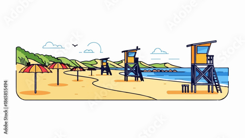 A vibrant beach scene with umbrellas, lifeguard towers, and rolling dunes under a cloudy sky