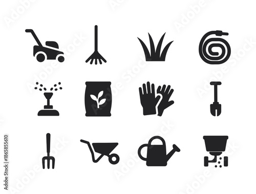 Lawn Care Icons. Lawn care icons. Solid icon set of lawn care icons: lawn mower, rake, grass blades, hose, sprinkler, fertilizer bag, gloves, edging tool, weed