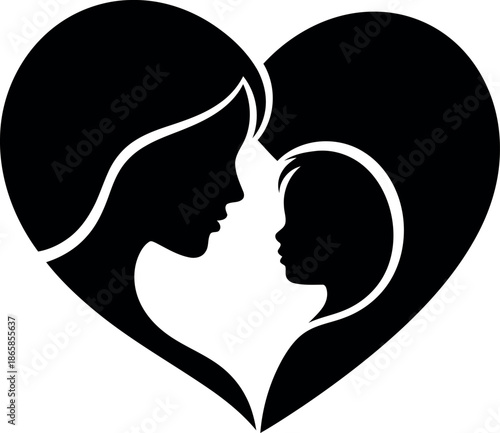 Mother and child silhouette heart vector illustration isolated on transparent background