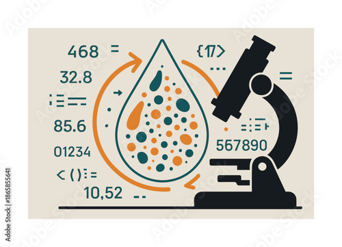 Microscopic Particle Examination. Substance analysis. Microscope view of a drop revealing detailed particles; arrows circling to indicate inspection. Floating