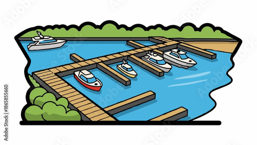 A vibrant cartoon marina with several boats docked at wooden piers under a green shore