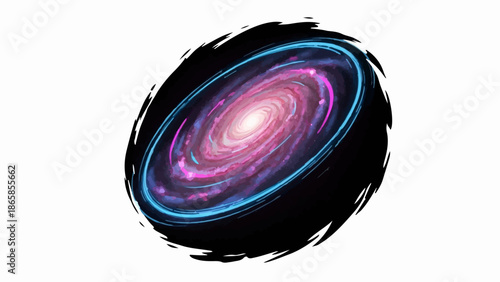 A vibrant, swirling galaxy with pink and blue cosmic dust