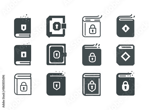 Dusty Tome Icons. Dusty tome. Icon set. Set Logo of Dusty tome: closed tome with lock. harmonious logo variations of the same emblematic concept, each with