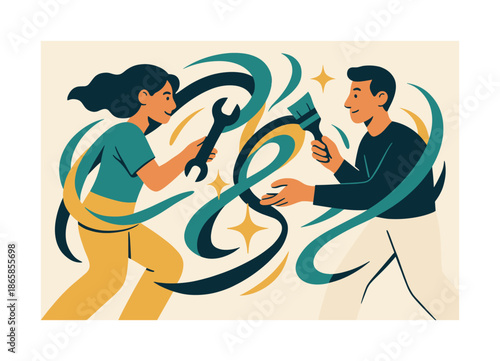 Synergistic Tool Exchange. Creative duo flow. Two people exchanging tools mid-motion; swirling abstract shapes linking their movements. Warm glints signaling