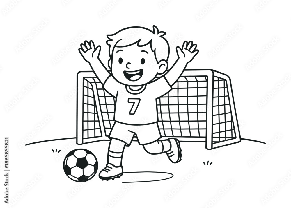 Fototapeta premium Soccer Celebration Coloring Page. Soccer celebration children?s coloring book illustration, outlined drawing, a cheerful player raising arms beside a simple