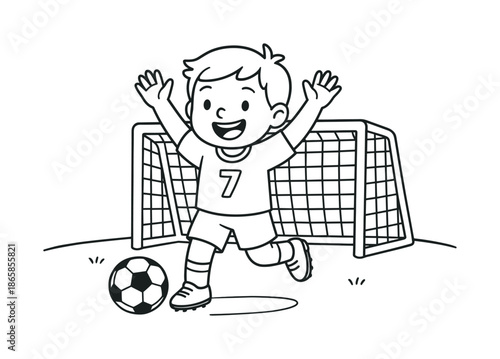 Soccer Celebration Coloring Page. Soccer celebration children?s coloring book illustration, outlined drawing, a cheerful player raising arms beside a simple