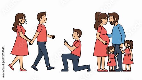 A visual narrative depicts a couple's journey from proposal to growing family