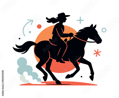 Sunset Horseback Silhouette. Sunset ride. A lone rider silhouettes against the setting sun, horse mid-trot, dust trailing behind. A tranquil end-of-day moment.