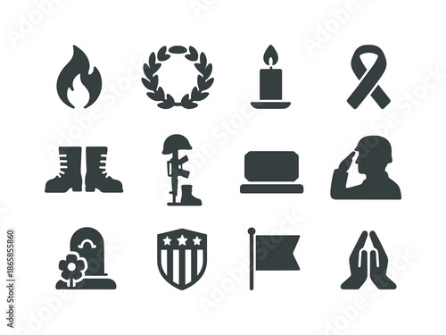 Memorial Icon Collection. Memorial tributes. Solid icon set of Memorial tributes: flame icon, wreath ring, memory candle, remembrance ribbon, fallen soldier