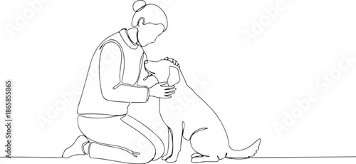 A heartwarming line drawing depicting a person gently caressing a dog's head, symbolizing friendship and animal companionship