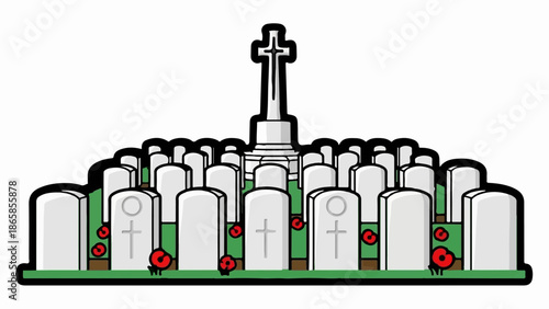 A war cemetery with rows of white headstones and a central cross monument