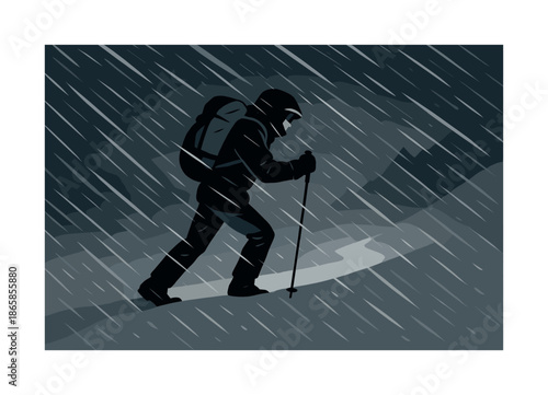 Snowstorm Adventure. Snowstorm mountaineering. Adventurer pushing through harsh winds; snow whipping in diagonal streams. Visibility reduced to a glowing path.