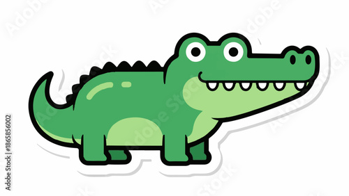 A whimsical cartoon alligator with wide eyes and a toothy grin, on a white background