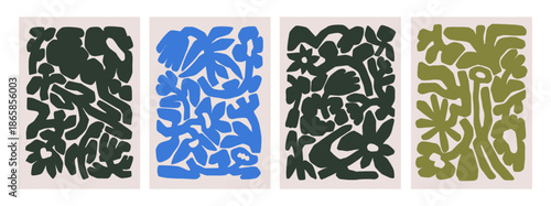 Abstract modern doodle posters set with floral pattern, flower and leaf shape...