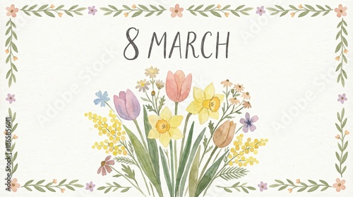 Watercolor bouquet of spring flowers for International Womens Day March 8th celebration.