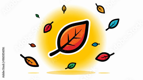 A vibrant sun radiates warmth, surrounded by a swirl of colorful, falling leaves in various hues