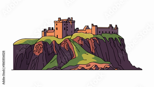 A stylized illustration of an ancient castle perched atop a rugged, green cliff