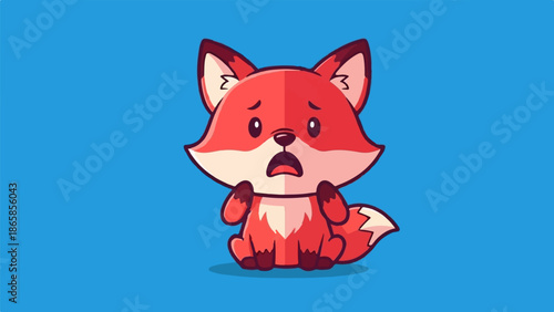 A worried cartoon fox sits on a blue background with its mouth open in surprise