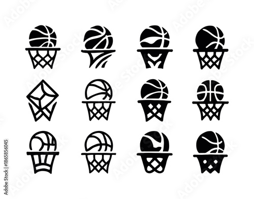 Basketball Hoop Logos. basketball hoop. Icon set. Set Logo of basketball hoop: dynamic scoring moment. harmonious logo variations of the same emblematic