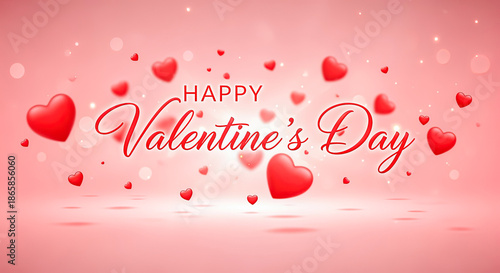 Happy Valentines Day celebration with romantic red hearts and bokeh background.