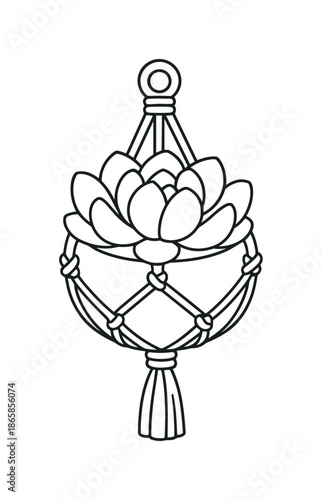 Succulent Coloring Page. Succulent in macrame holder children?s coloring book illustration, outlined drawing, a round succulent plant nestled in a knotted