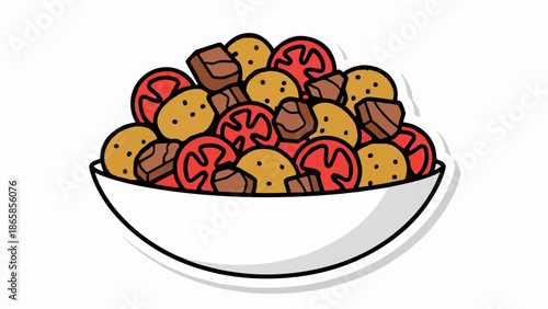 A whimsical cartoon illustration of a white bowl overflowing with meatballs, tomato slices, and potatoes