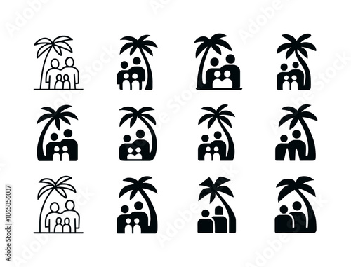 Family Vacation Logos. taking a family vacation photo. Icon set. Set Logo of taking a family vacation photo: parents with kids posing under palm