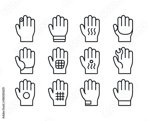 Glove Technology Icons. Glove technology. Line icon set of glove technology: fingertip sensor, wrist ring, thermal layer, pressure bladder, mobility joint,