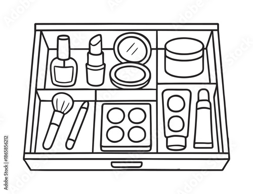 Makeup Coloring Page. Organized makeup layout children?s coloring book illustration, outlined drawing, drawer with simple compartments holding cartoon makeup