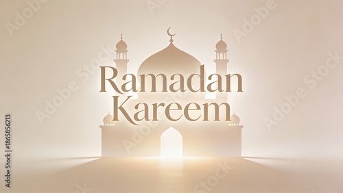 Ramadan Kareem greeting with a beautiful mosque silhouette and warm glowing light.