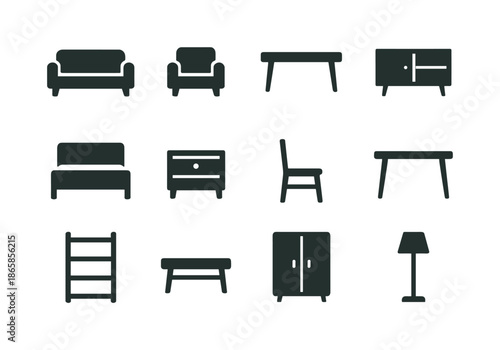 Minimalist Furniture Icons. Minimalist furniture. Solid icon set of minimalist furniture: sofa, armchair, coffee table, sideboard, bed frame, nightstand,