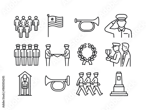 Military Ceremony Icons. Military ceremony. Line icon set of Military ceremony: parade ground, national flag, bugle call, saluting soldier, honor formation,