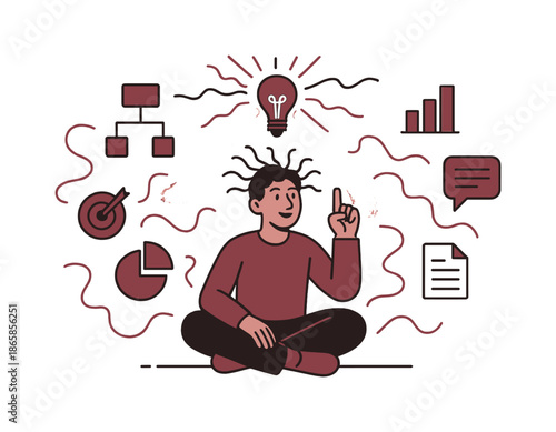 Innovative Mindscape. Project brainstorm. A character sits among floating icons and diagrams, energy lines showing rapid thought. Light beams emphasize