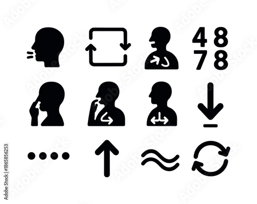 Calm Breathing Icons. Calm breathing techniques. Solid icon set of Calm breathing techniques: slow deep breath symbol, box breathing diagram, -- breathing