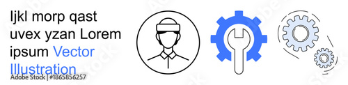 Workforce management, mechanical engineering, technical tools, gear systems, maintenance, and repair. Worker icon, wrench and gear two gear symbols. Workforce management and mechanical engineering
