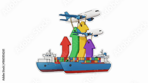 Cargo ships and airplanes transporting colorful containers and arrows upwards