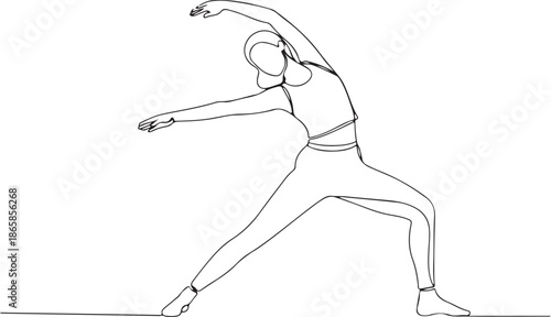 An artistic line drawing of a woman performing a yoga pose with her arms outstretched