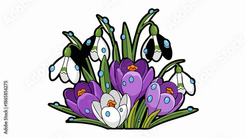 A vibrant cluster of blooming crocuses and snowdrops adorned with glistening dew drops