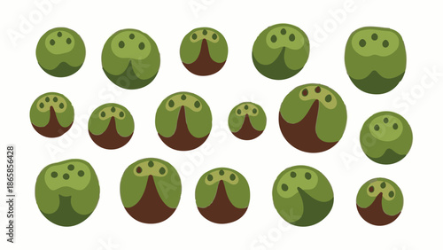 A whimsical pattern of assorted green, spherical objects with dark brown bottoms, set against a white background