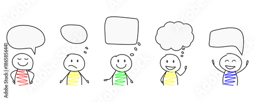 Hand drawn stick people with speech bubbles illustrating communication, conversation, teamwork, and idea sharing. Simple doodle style suitable for education, presentations, social media, and creative 